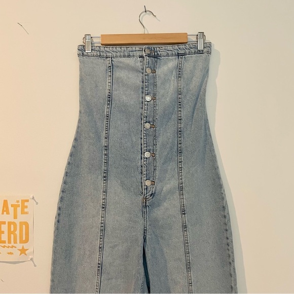 Zara TRF STRAPLESS DENIM JUMPSUIT Blogger Fav Wide Leg - Picture 9 of 15